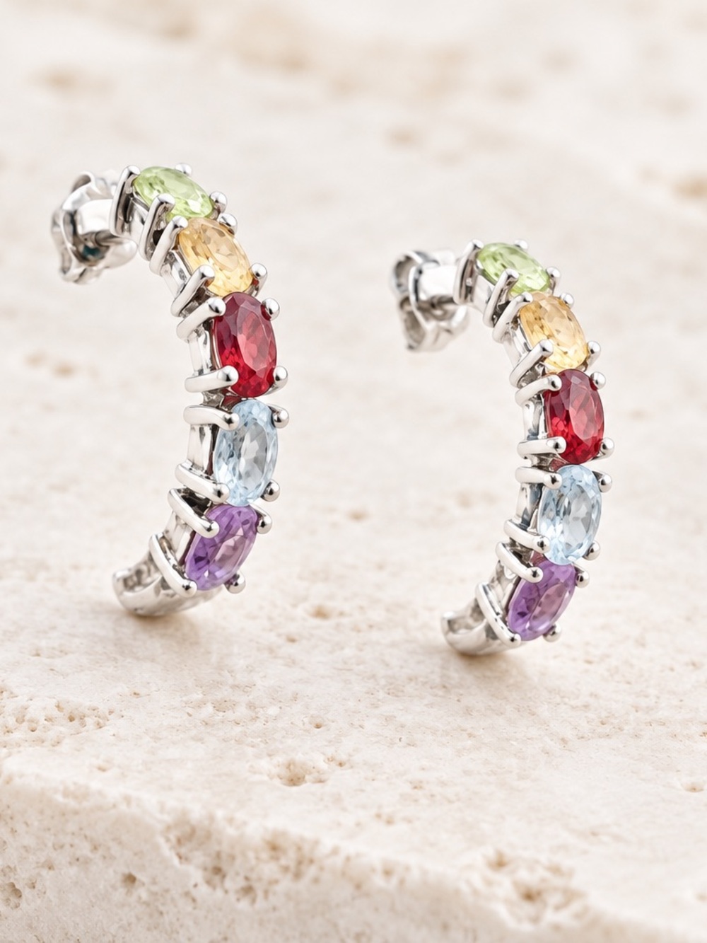 Sterling Silver Multi-Color Gemstone Hoop Earrings